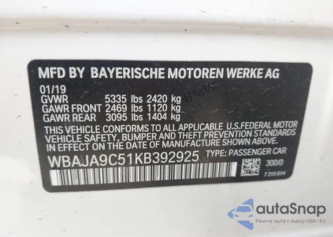 2019 BMW 530E Iperformance из США, поврежденный, VIN WBAJA9C51KB392925